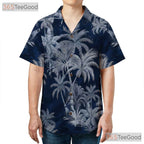 Navy Blue Tropical Island Hawaiian Tee - Unisex Palm Tree Summer Shirt