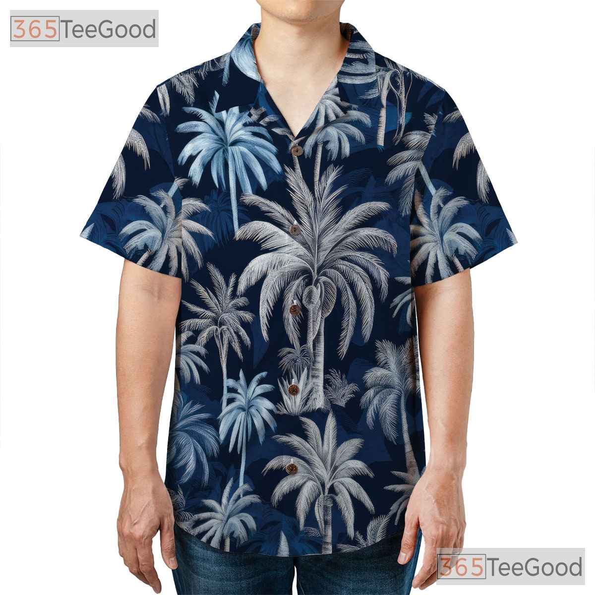 Women's Navy Palm Tree Hawaiian Shirt - Tropical Beach Casual Aloha Tee
