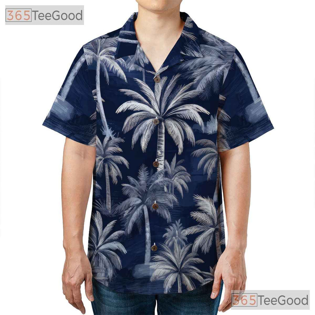 Unisex Navy Blue Tropical Hawaiian Tee - Palm Tree Summer Island Outfit