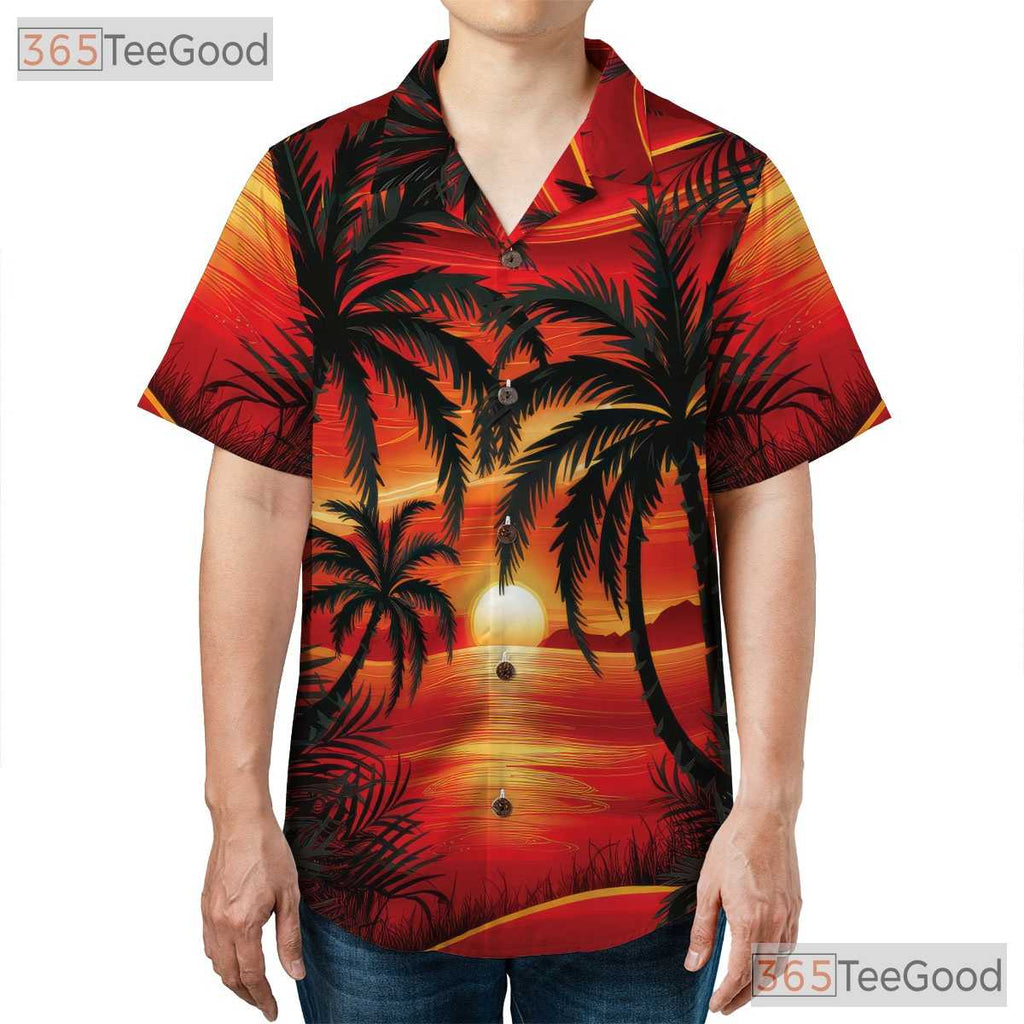 Tropical Sunset Palm Hawaiian Shirt for Men - Beach Vacation Aloha Tee