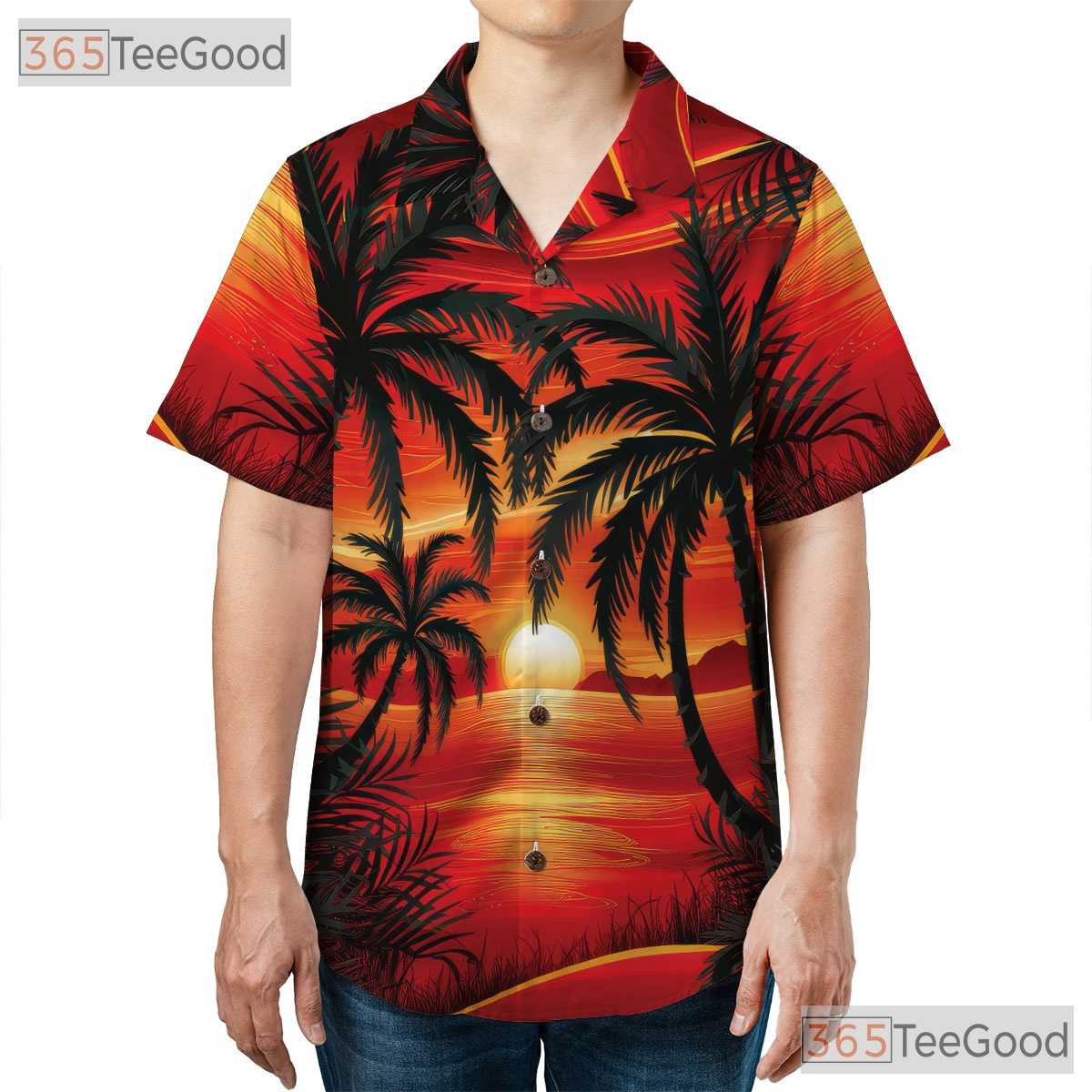 Tropical Sunset Palm Hawaiian Shirt for Men - Beach Vacation Aloha Tee
