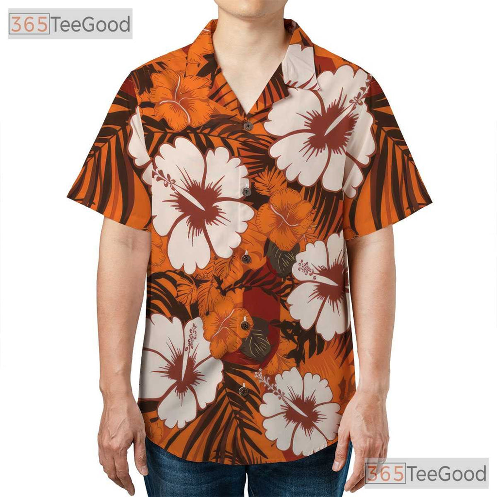 Unisex Orange Hibiscus Floral Hawaiian Tee - Tropical Aloha Beachwear Shirt