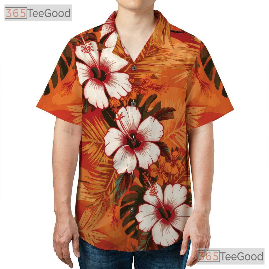 Orange Hibiscus Tropical Aloha Hawaiian Shirt for Men - Summer Beach Party Tee