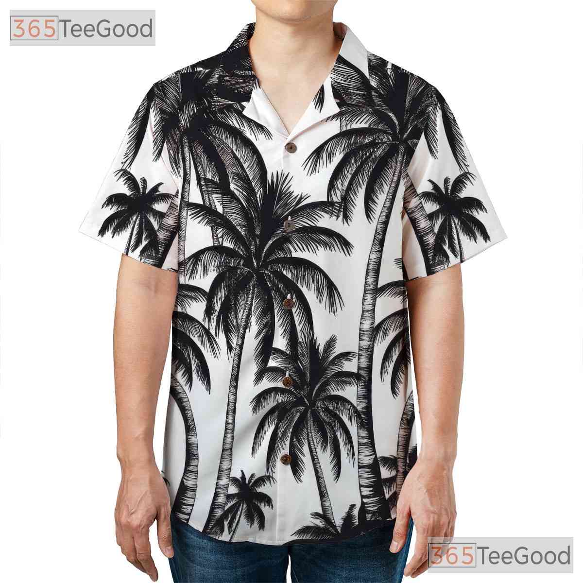 Black & White Palm Tree Hawaiian Shirt - Men's Tropical Summer Aloha Tee