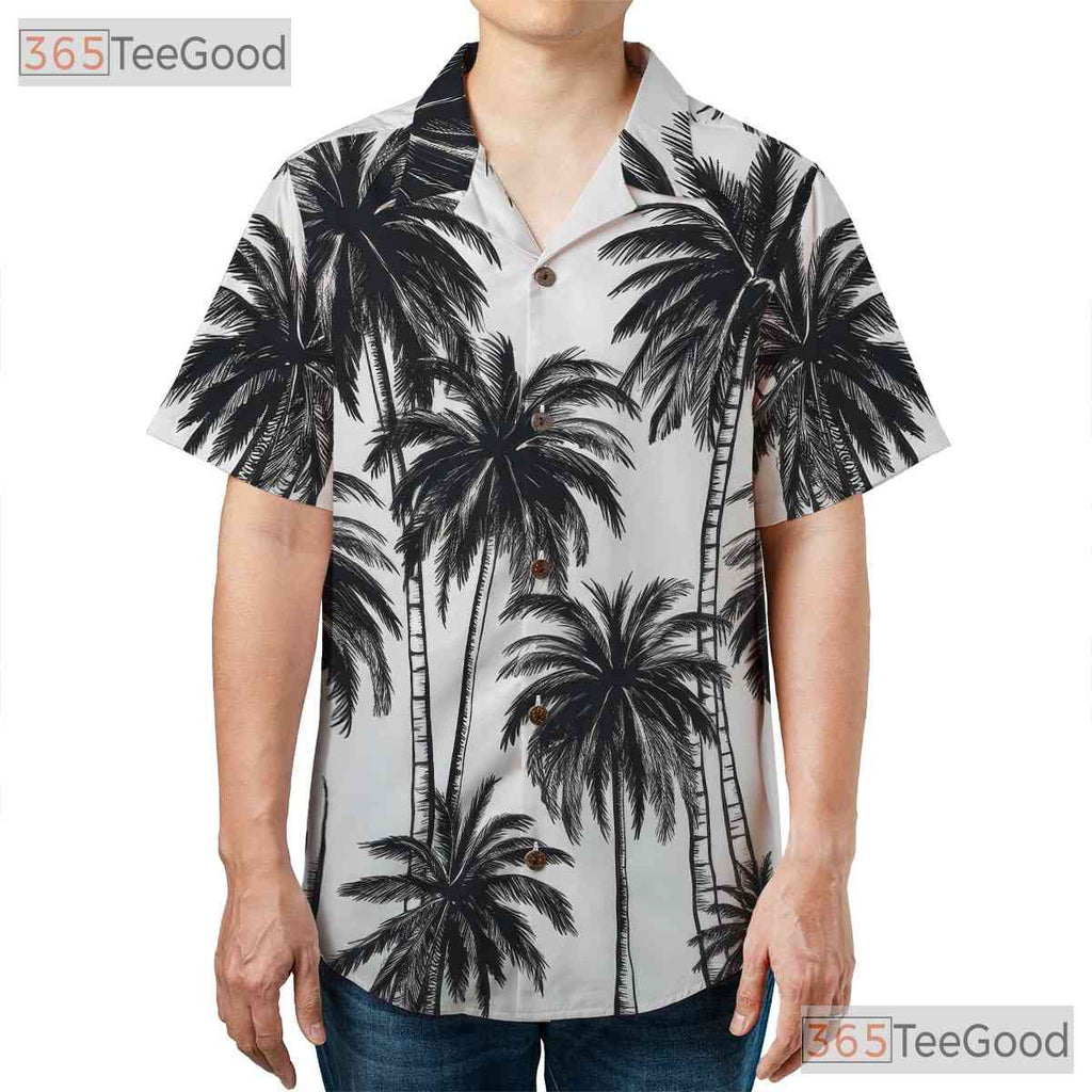 Adult Black & White Palm Tree Hawaiian Tee - Unisex Aloha Beachwear Shirt