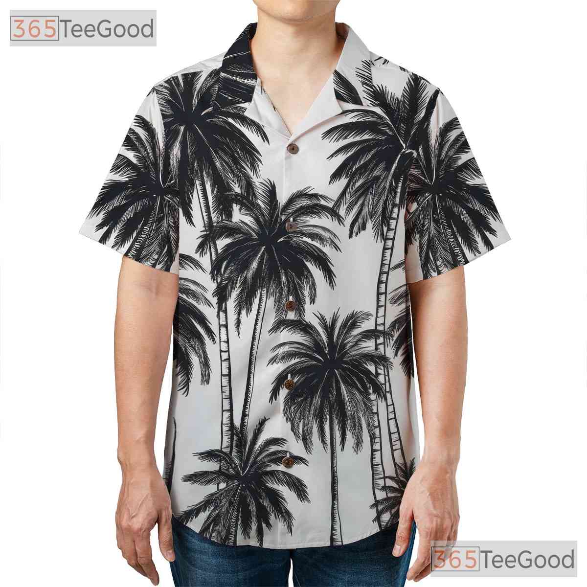 Adult Black & White Palm Tree Hawaiian Tee - Unisex Aloha Beachwear Shirt