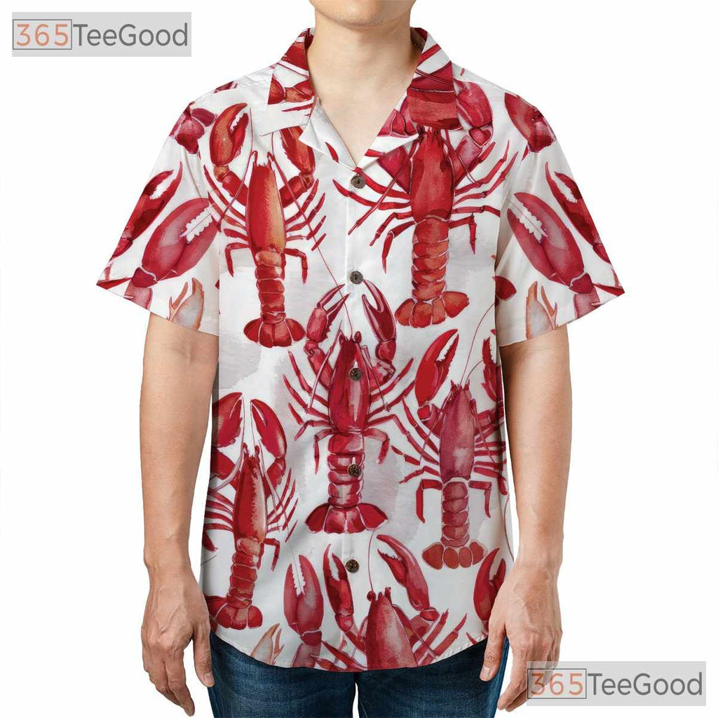 Men's Red Lobster Print Hawaiian Shirt - Aloha Beach Party Seafood Style Tee