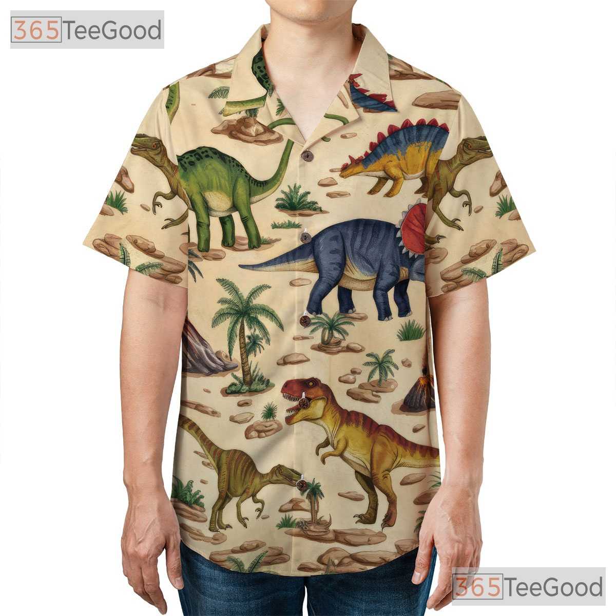 Vintage Dinosaur Hawaiian Shirt for Men - Prehistoric Aloha Beach Vacation Tee