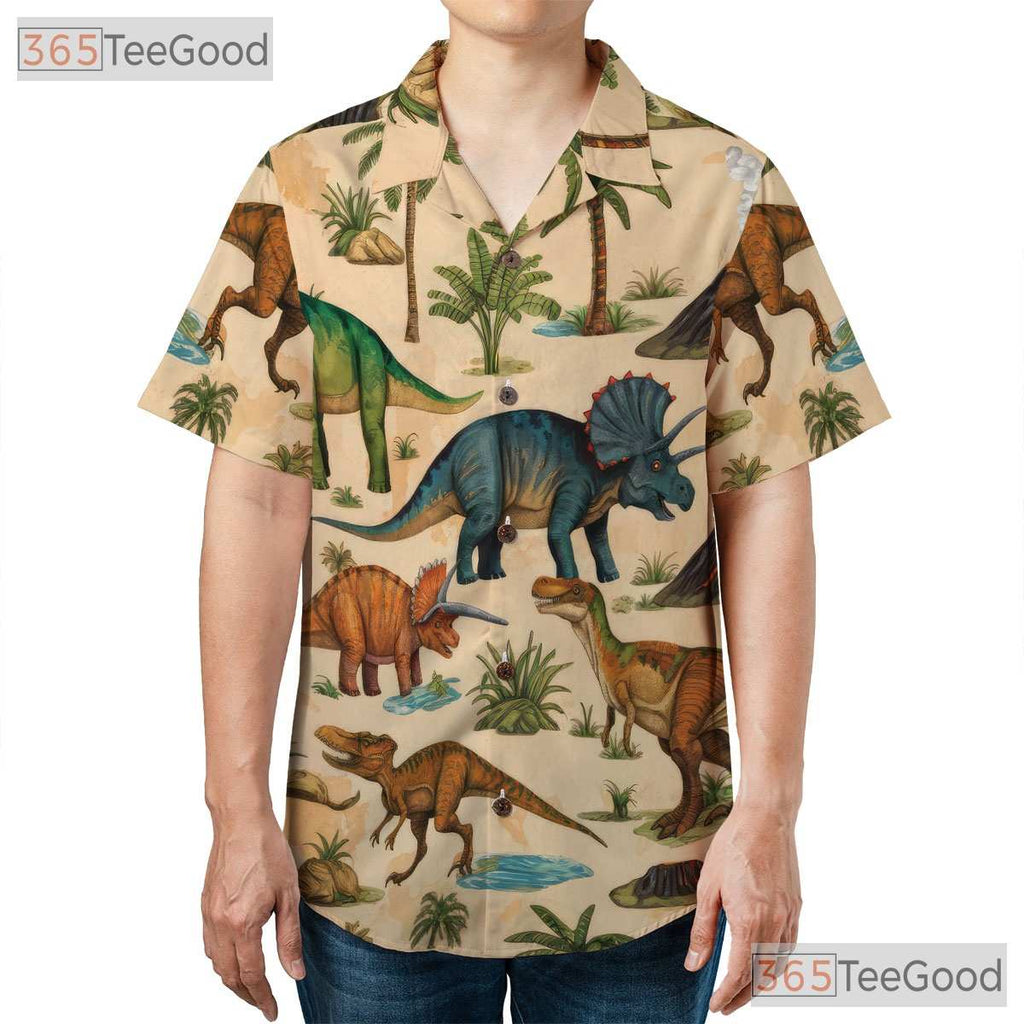 Adult Prehistoric Dinosaur Hawaiian Tee - Unisex Camp Aloha Style Shirt