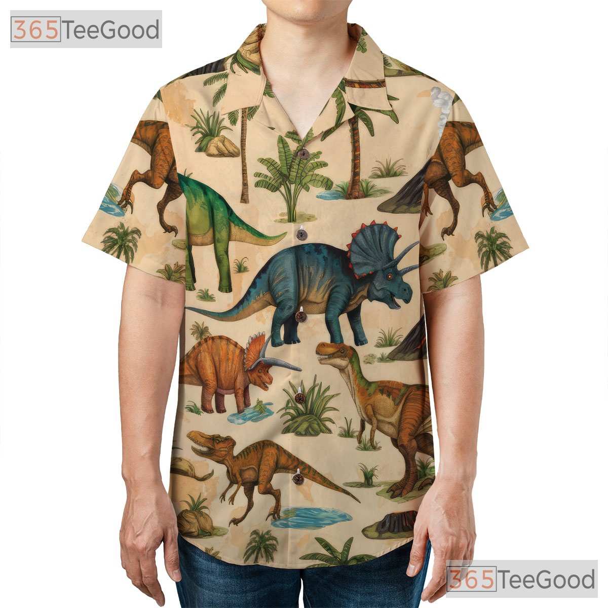 Adult Prehistoric Dinosaur Hawaiian Tee - Unisex Camp Aloha Style Shirt