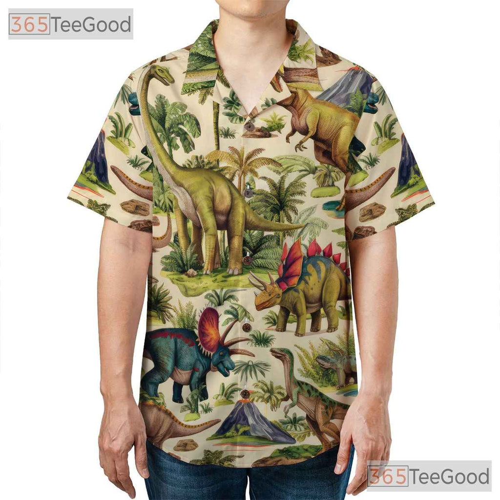 Women's Retro Dinosaur Print Hawaiian Shirt - Prehistoric Beach Party Tee