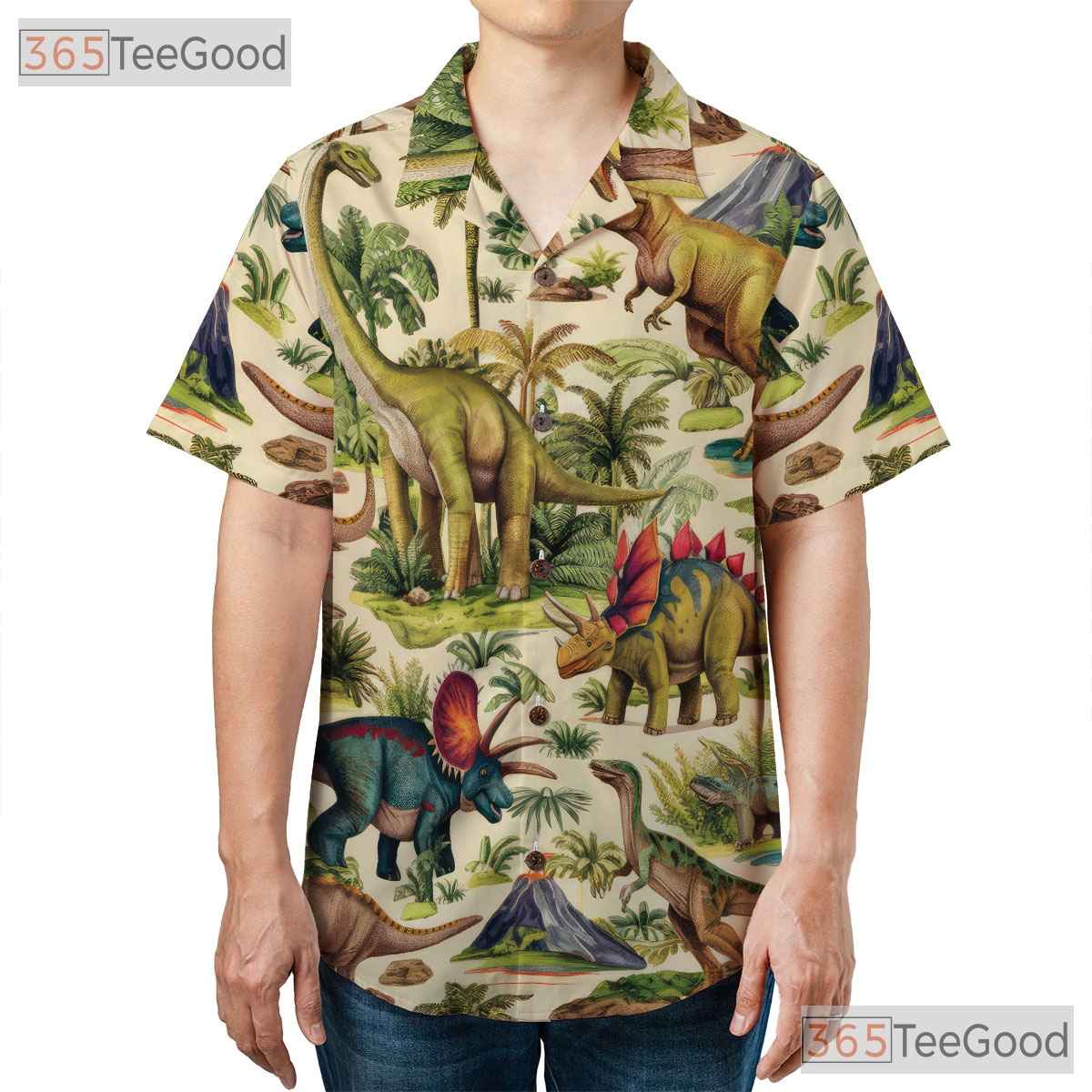 Women's Retro Dinosaur Print Hawaiian Shirt - Prehistoric Beach Party Tee