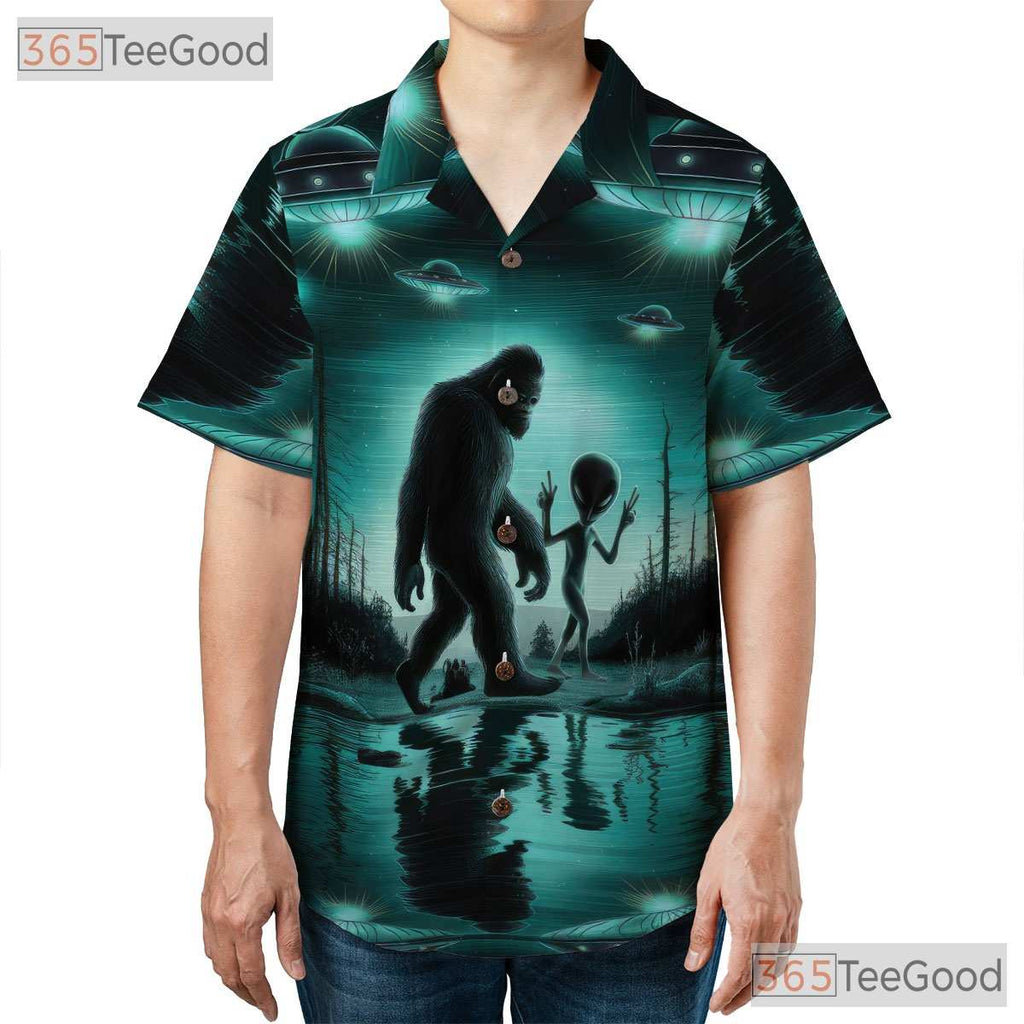 Bigfoot UFO Alien Hawaiian Shirt for Men - Retro Sci-Fi Cryptid Beachwear Tee