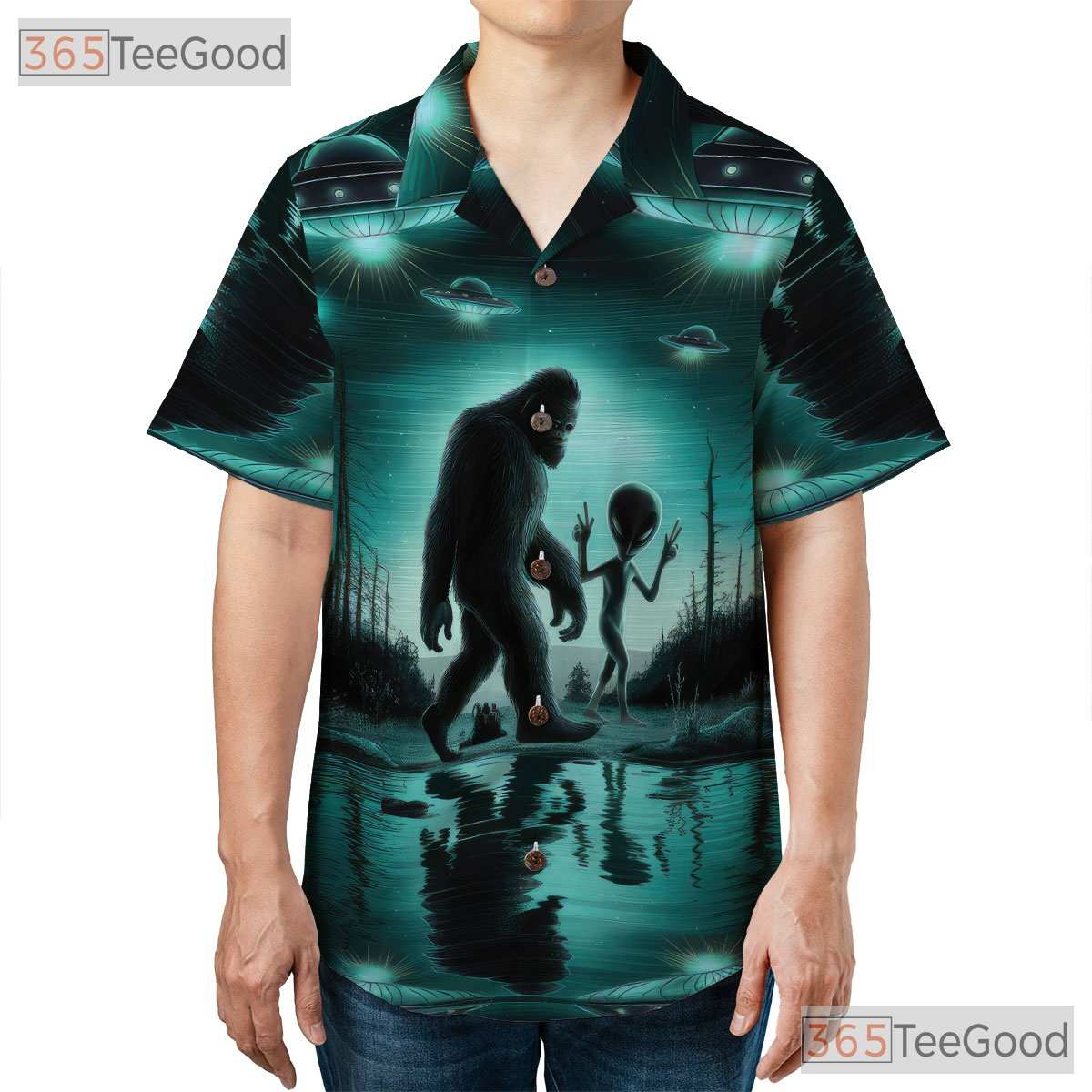 Bigfoot UFO Alien Hawaiian Shirt for Men - Retro Sci-Fi Cryptid Beachwear Tee