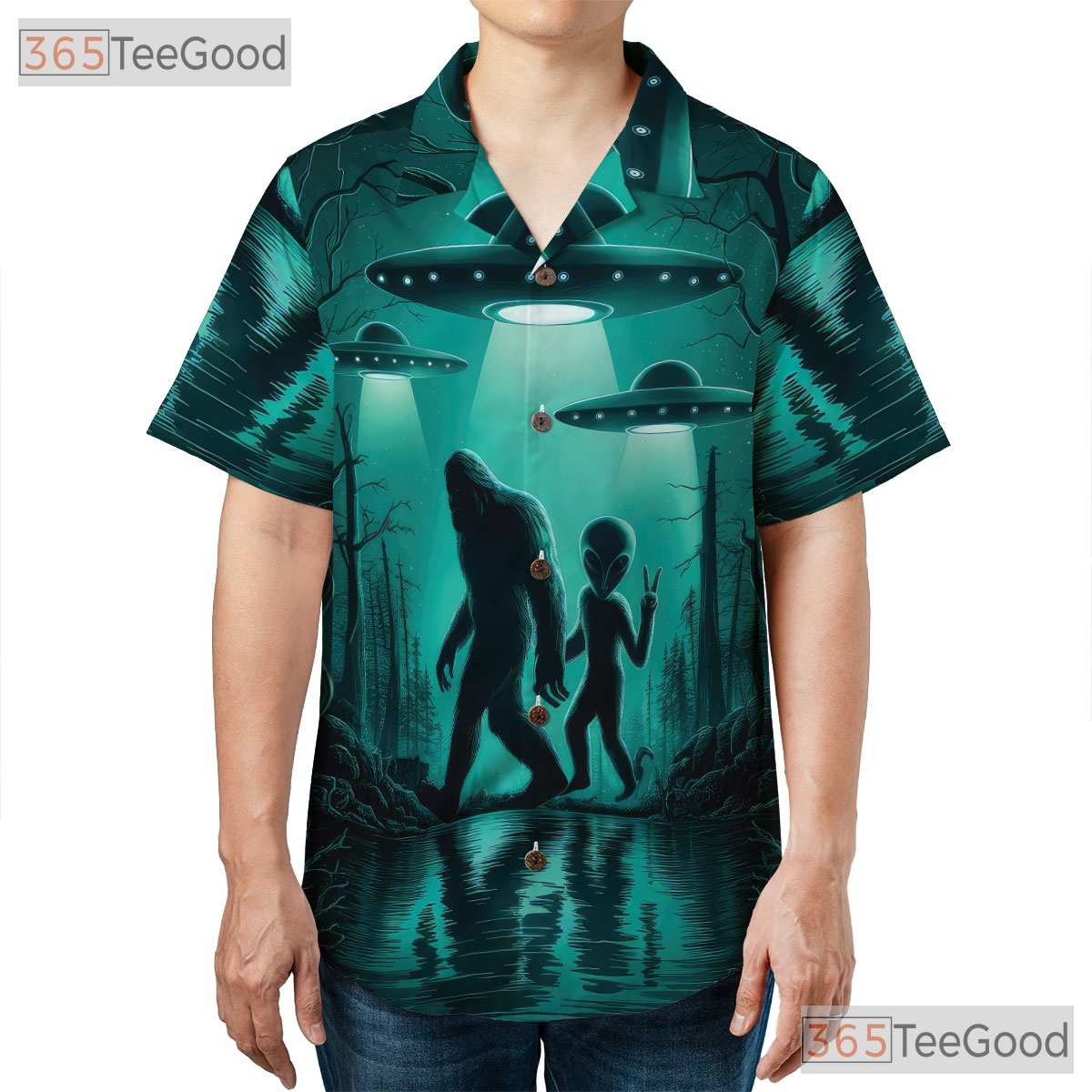 Unisex Alien Bigfoot Hawaiian Tee - UFO Cryptid Camp Aesthetic Beach Shirt