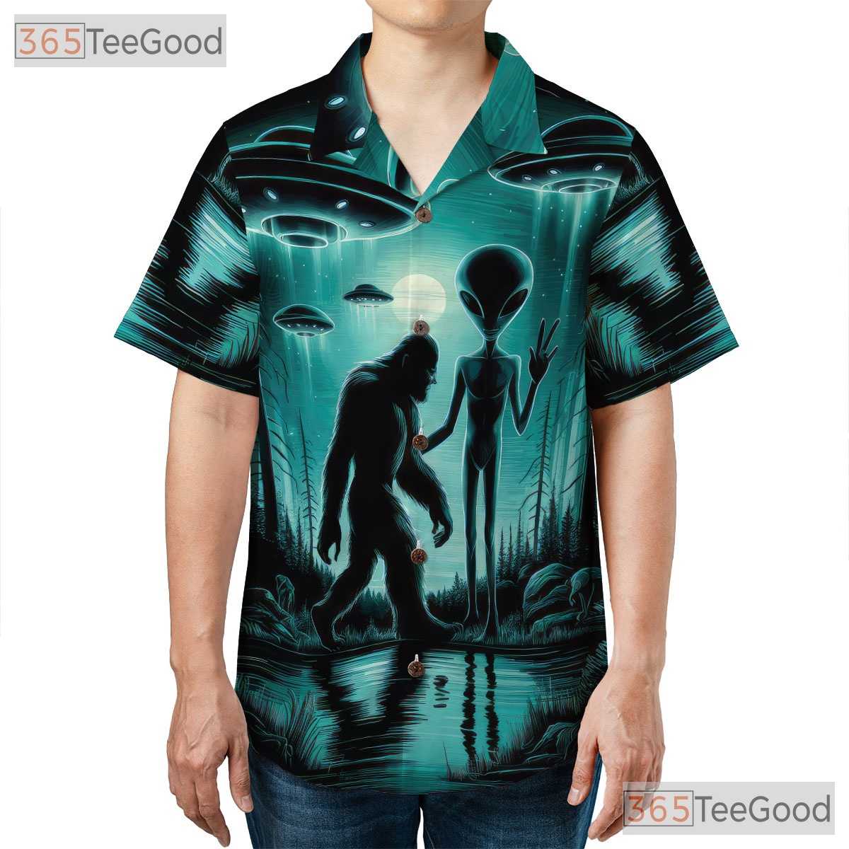 Women's Funny Bigfoot UFO Hawaiian Shirt - Retro Sci-Fi Aloha Vacation Tee