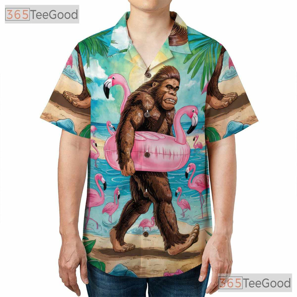 Adult Bigfoot Flamingo Hawaiian Tee - Funny Sasquatch Beach Party Aloha Shirt