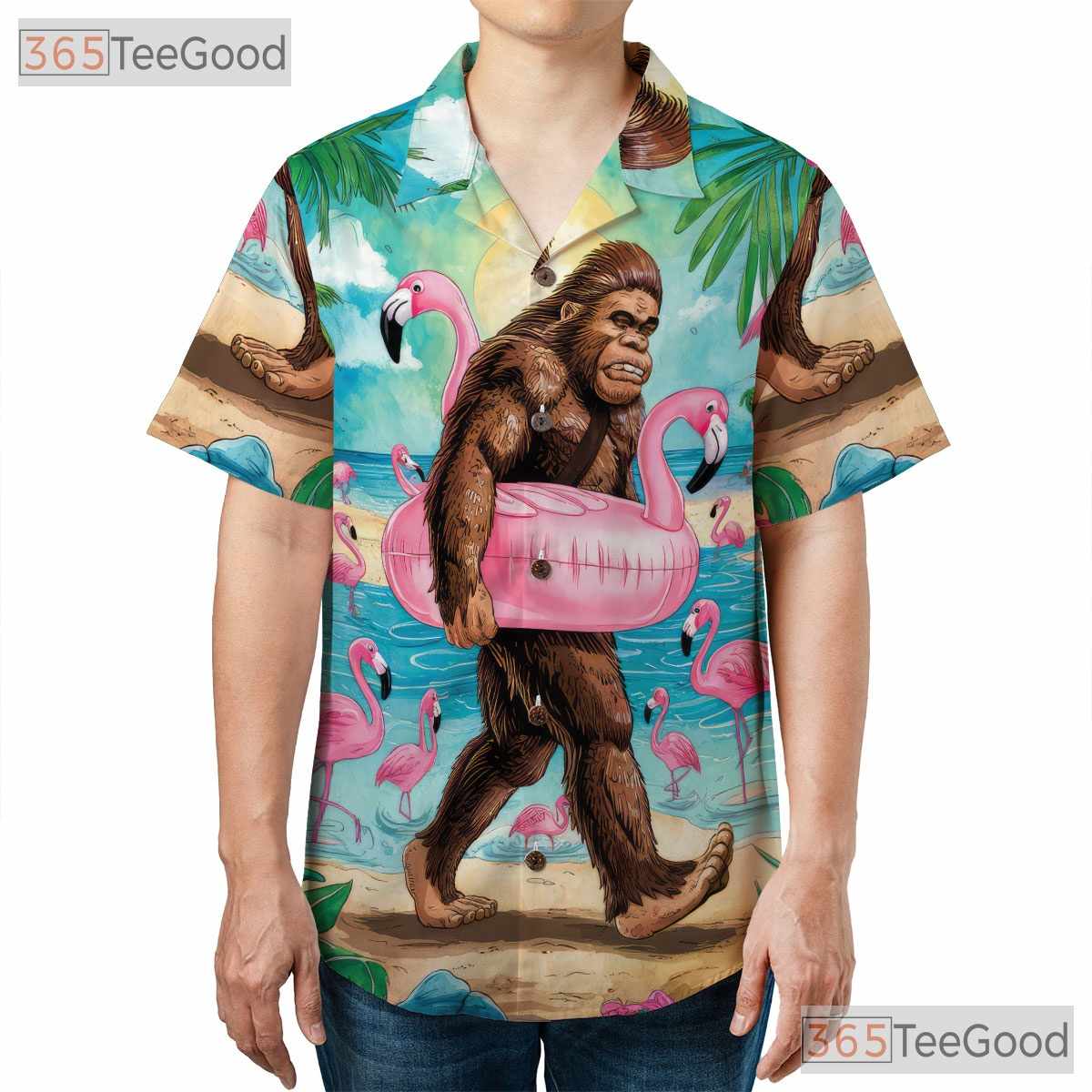 Adult Bigfoot Flamingo Hawaiian Tee - Funny Sasquatch Beach Party Aloha Shirt