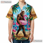Bigfoot on Flamingo Float Hawaiian Shirt - Men's Tropical Aloha Summer Tee