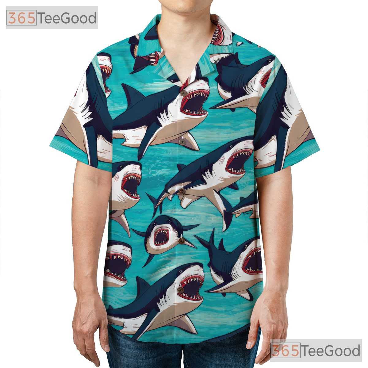 Shark Ocean Beach Hawaiian Tee - Men's Surf Aloha Summer Party Outfit
