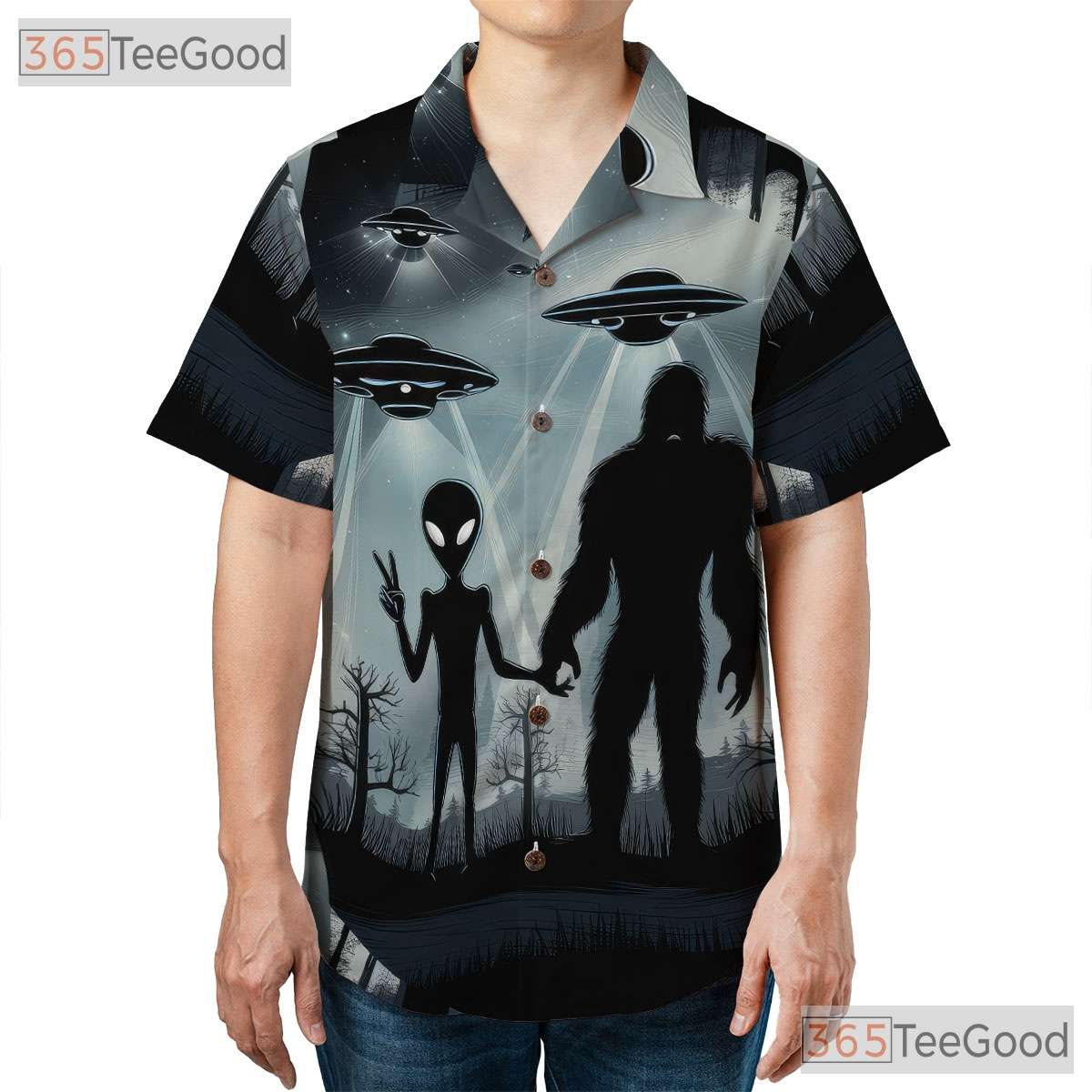 Funny Bigfoot Alien UFO Hawaiian Shirt - Unisex Cryptid Space Aloha Tee