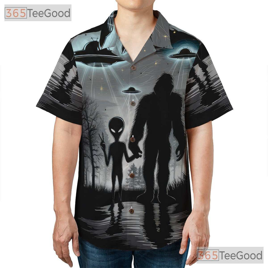 Funny Bigfoot Alien Hawaiian Shirt - Men's UFO Space Cryptid Beachwear