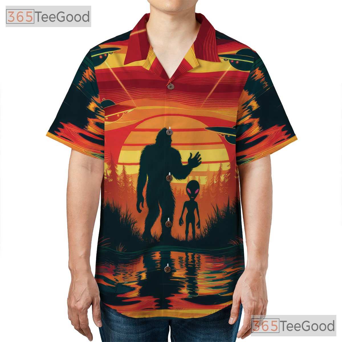 Bigfoot UFO Sunset Hawaiian Tee - Women's Funny Cryptid Aloha Vacation