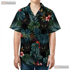 Blue Leaves Black Cat Hawaiian Tee - Tropical Jungle Aesthetic Unisex