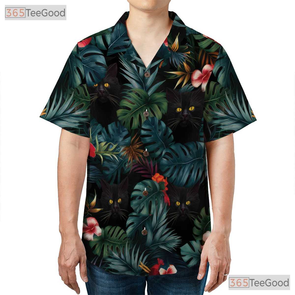 Blue Leaves Black Cat Hawaiian Tee - Tropical Jungle Aesthetic Unisex