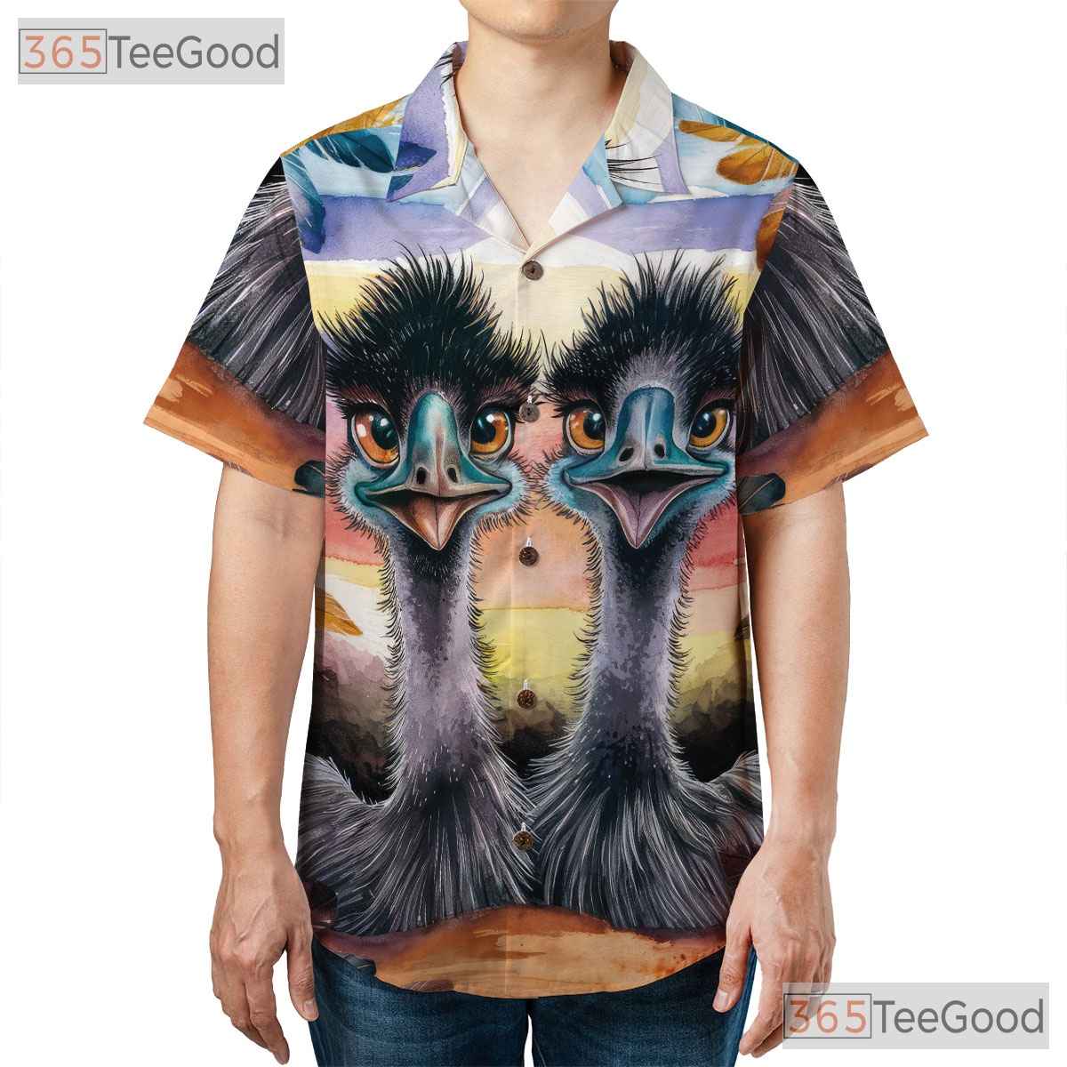 Funny Emu Bird Hawaiian Shirt for Adults - Colorful Sunset Ostrich Tropical Tee