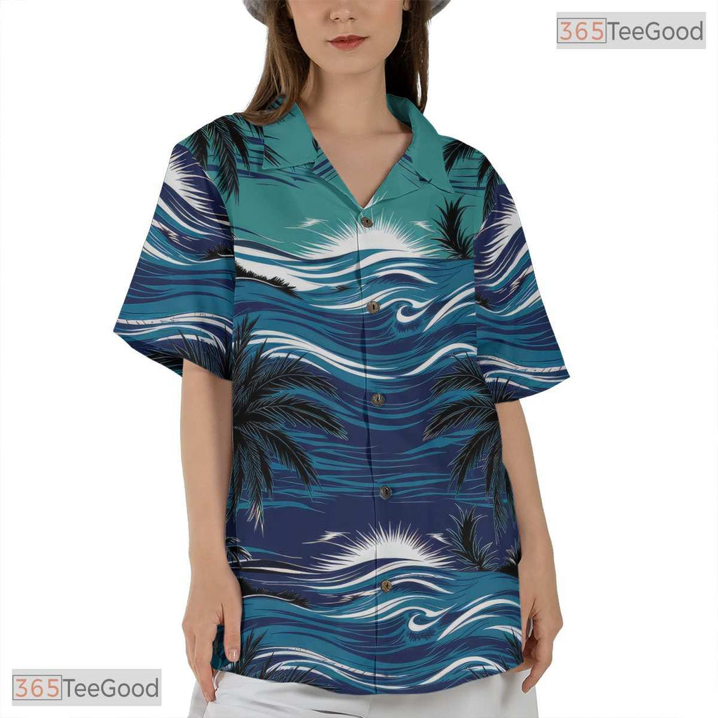 Black Blue Palm Hawaiian Shirt - Adult Tropical Vacation Tee
