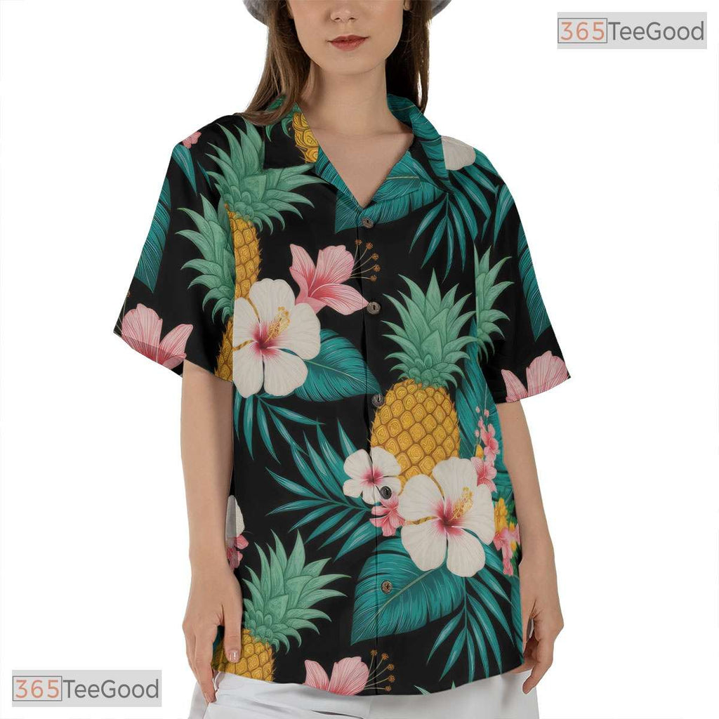 Tropical Teal Gold White Leaf Hawaiian Shirt - Women's Vacation Tee