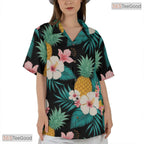 Tropical Teal Gold White Leaf Hawaiian Shirt - Women's Vacation Tee