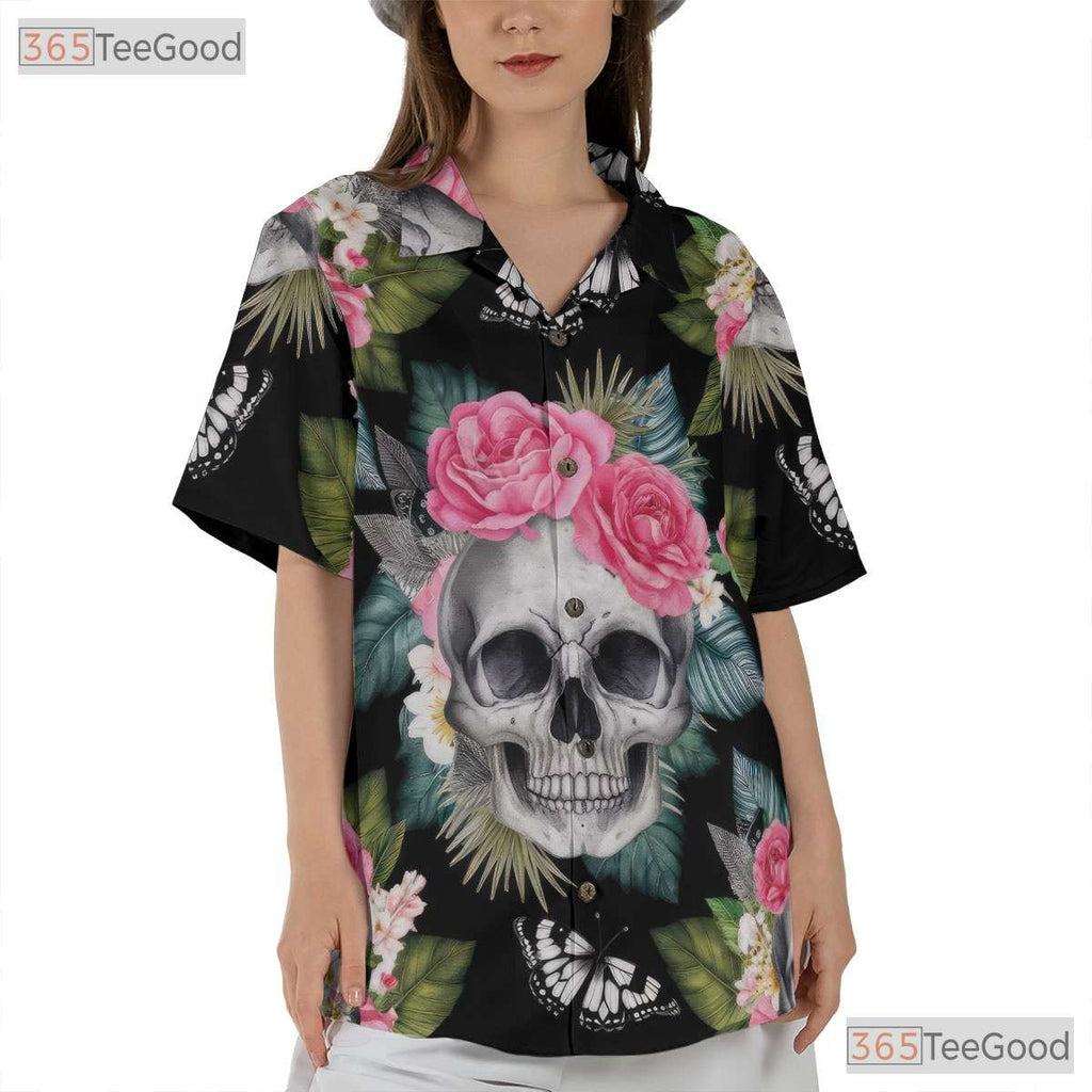 Skull and Butterfly Hawaiian Shirt - Edgy Aloha Shirt for Men