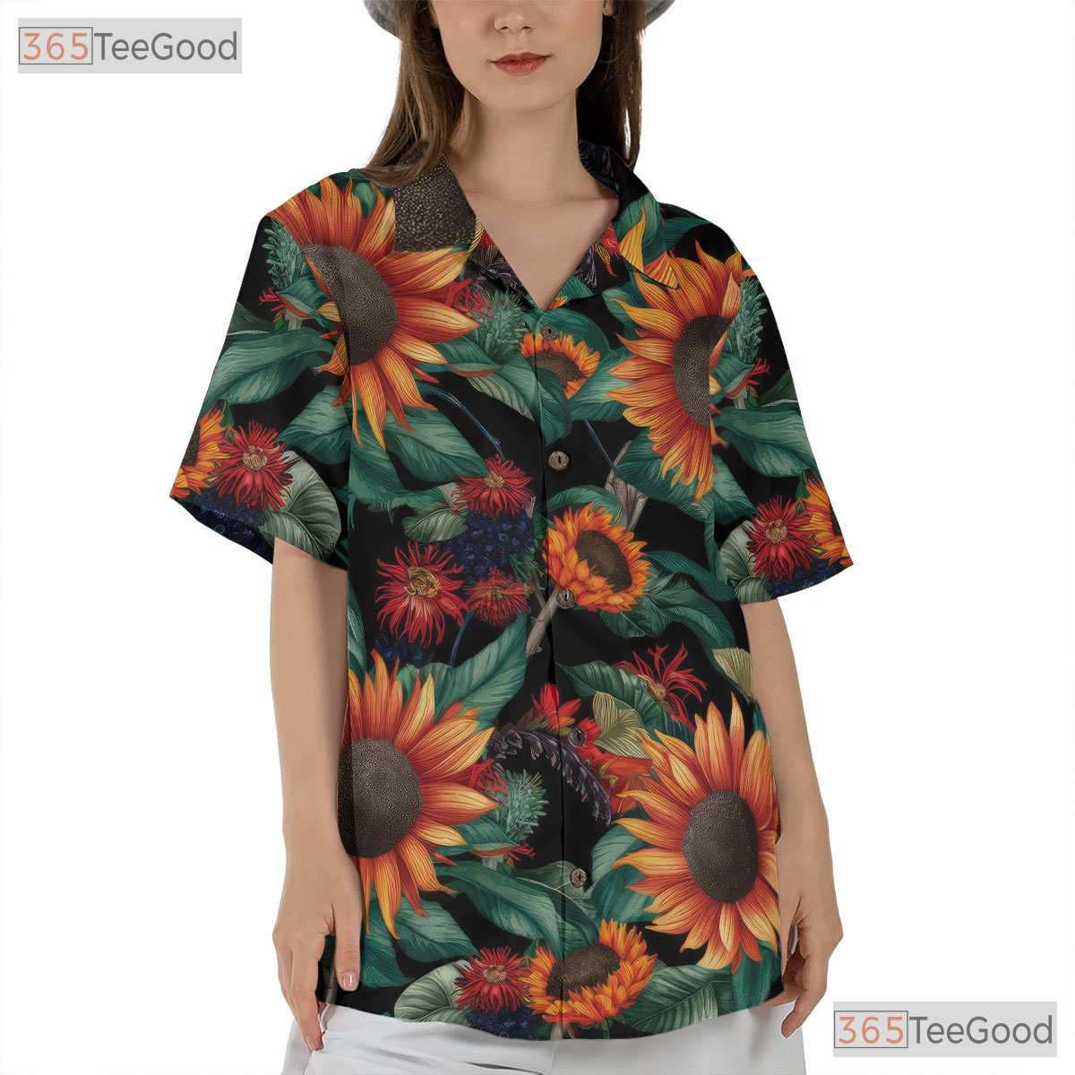 Vibrant Sunflower Hawaiian Shirt - Floral Beach Tee for Women