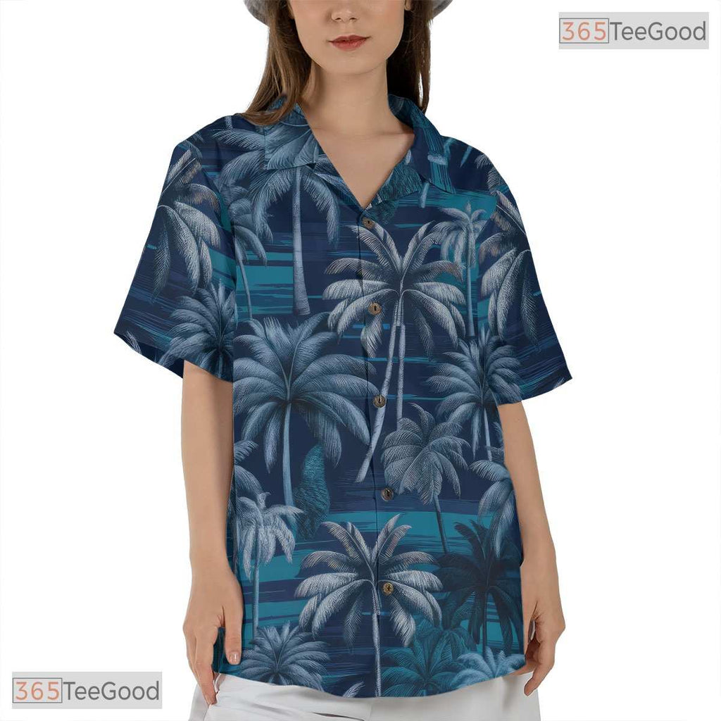 Tropical Navy Hawaiian Shirt - Flowers & Leaves Aloha Beach Outfit Women