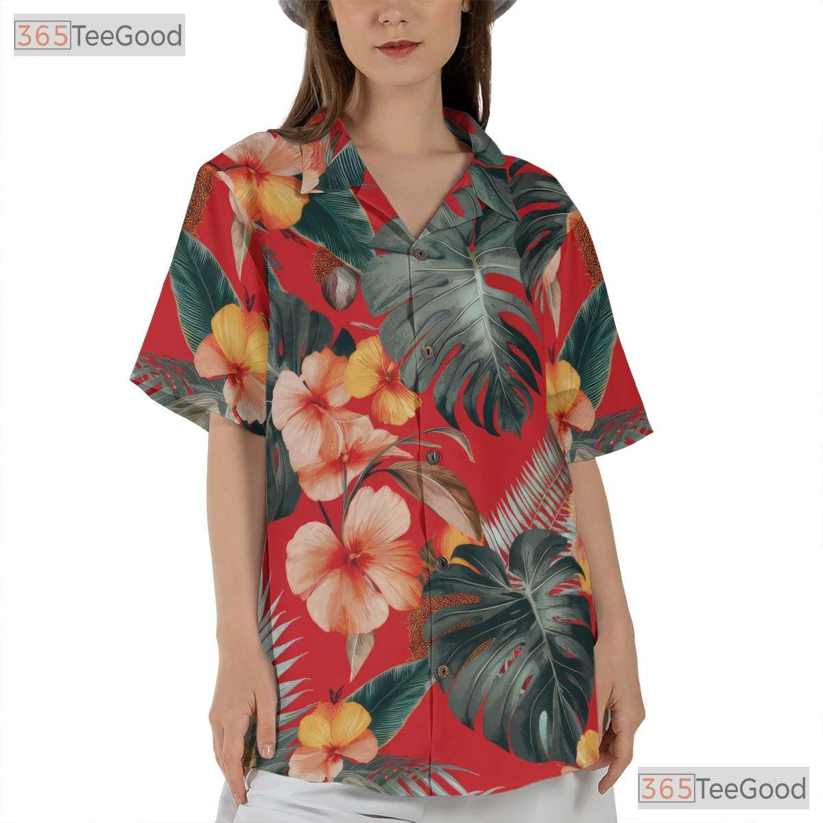 Red Tropical Leaf Hawaiian Shirt - Women's Summer Aloha Outfit