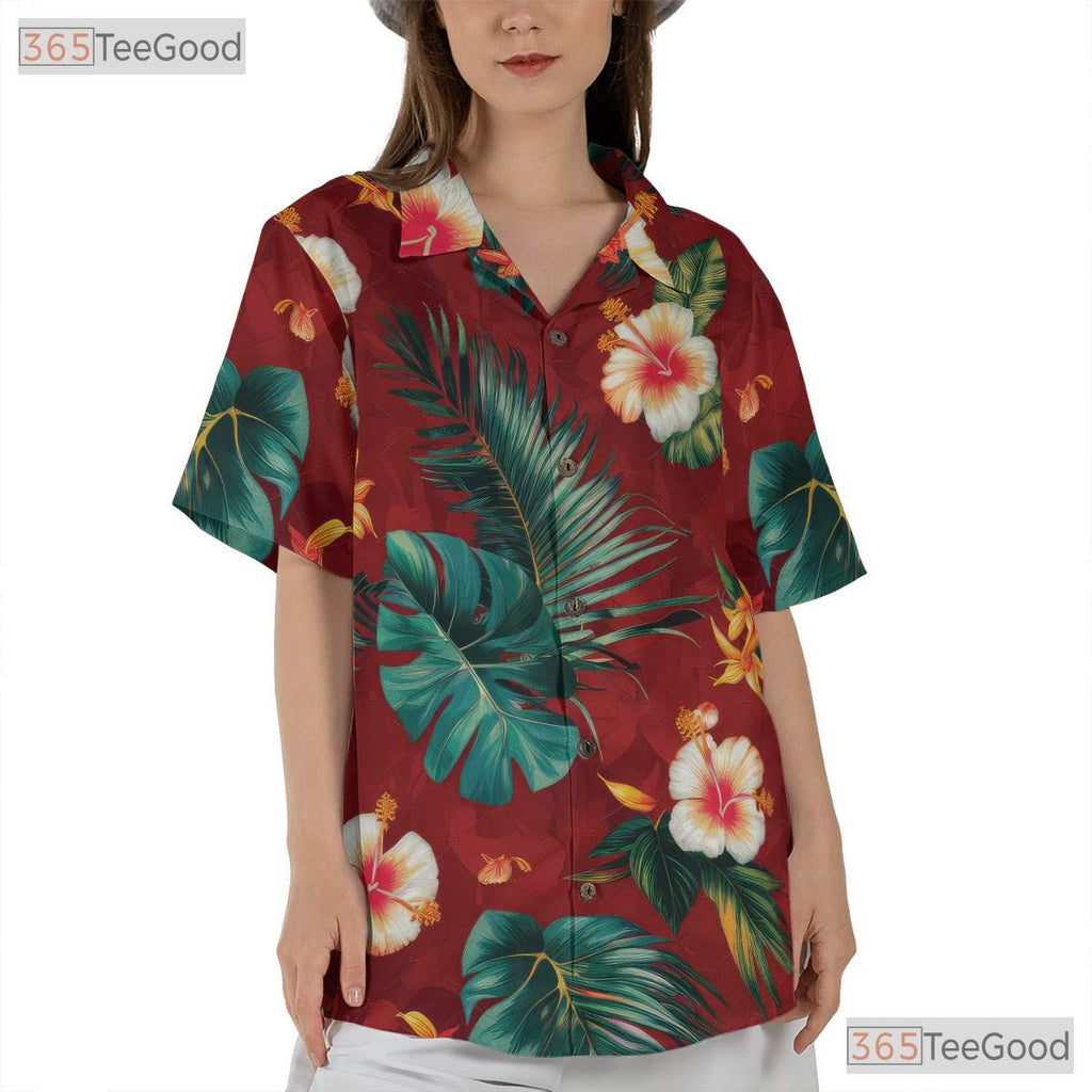 Red Flower Palm Hawaiian Shirt - Unisex Casual Vacation Tee