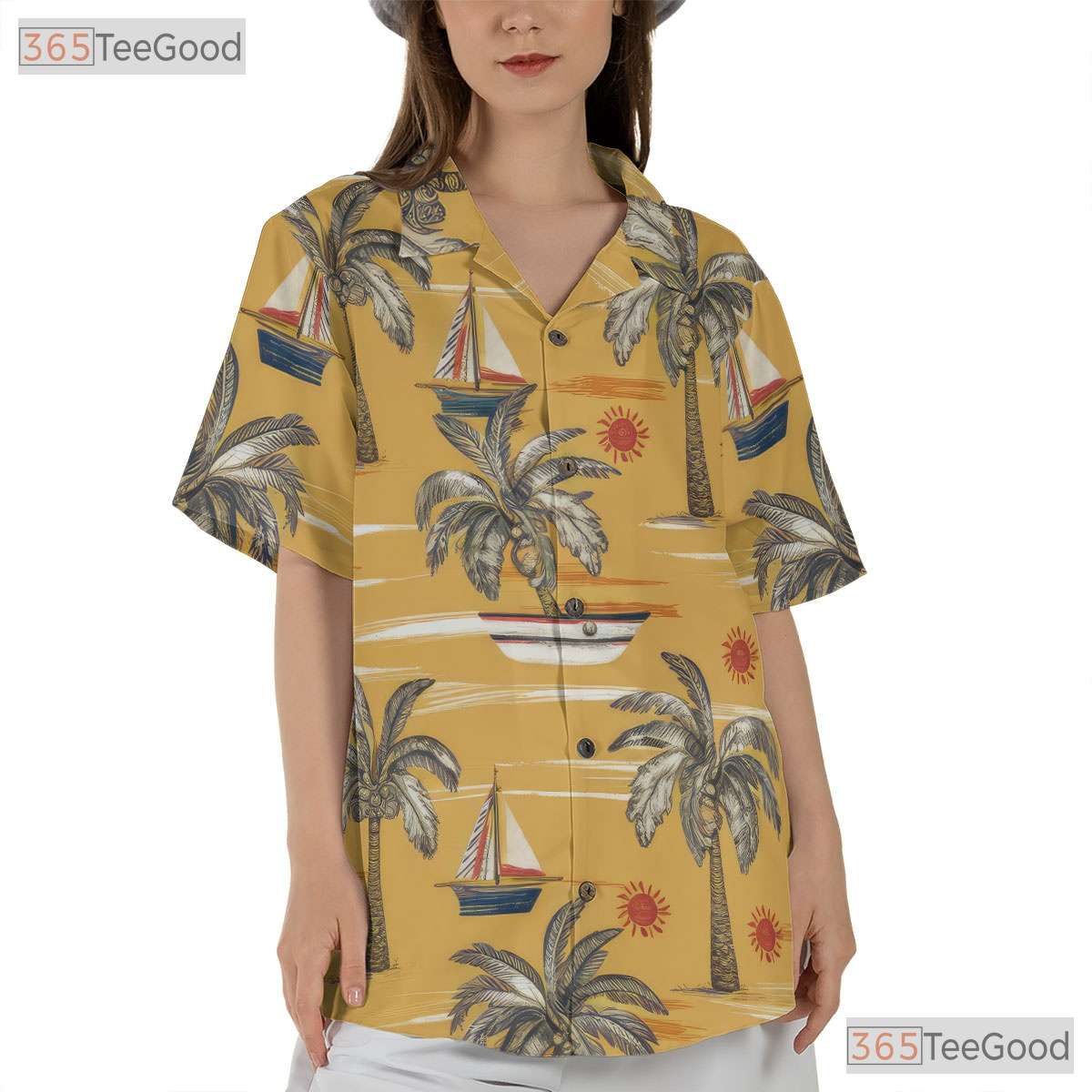 Sailboat and Palm Tree Hawaiian Shirt - Adult Aloha Beach Tee