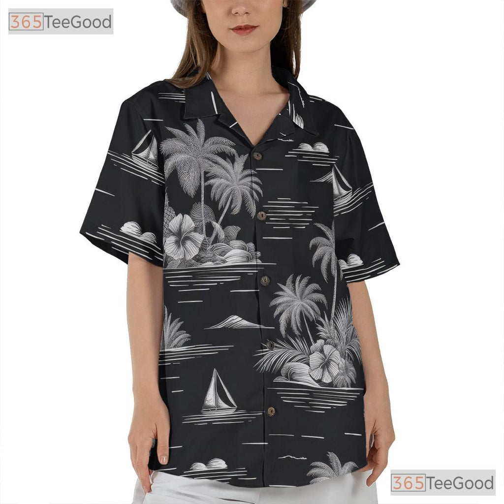 Black & White Tropical Hawaiian Shirt - Vintage Adult Aloha Tee