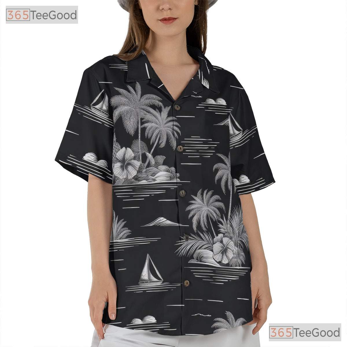 Black & White Tropical Hawaiian Shirt - Vintage Adult Aloha Tee