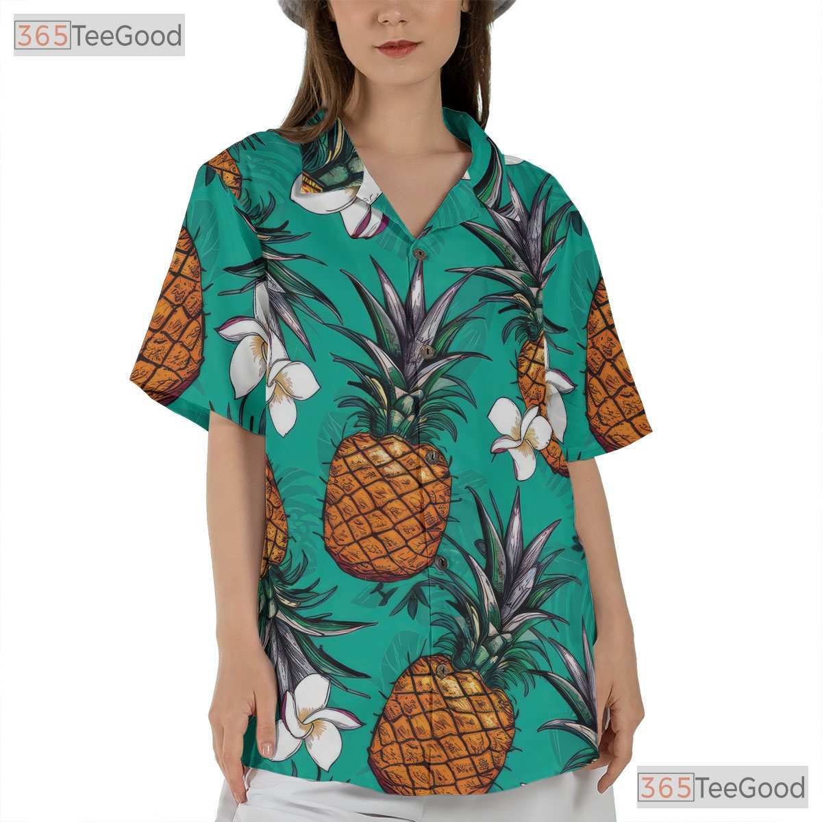 Pineapple Floral Hawaiian Shirt - Women's Aloha Short Sleeve Tee