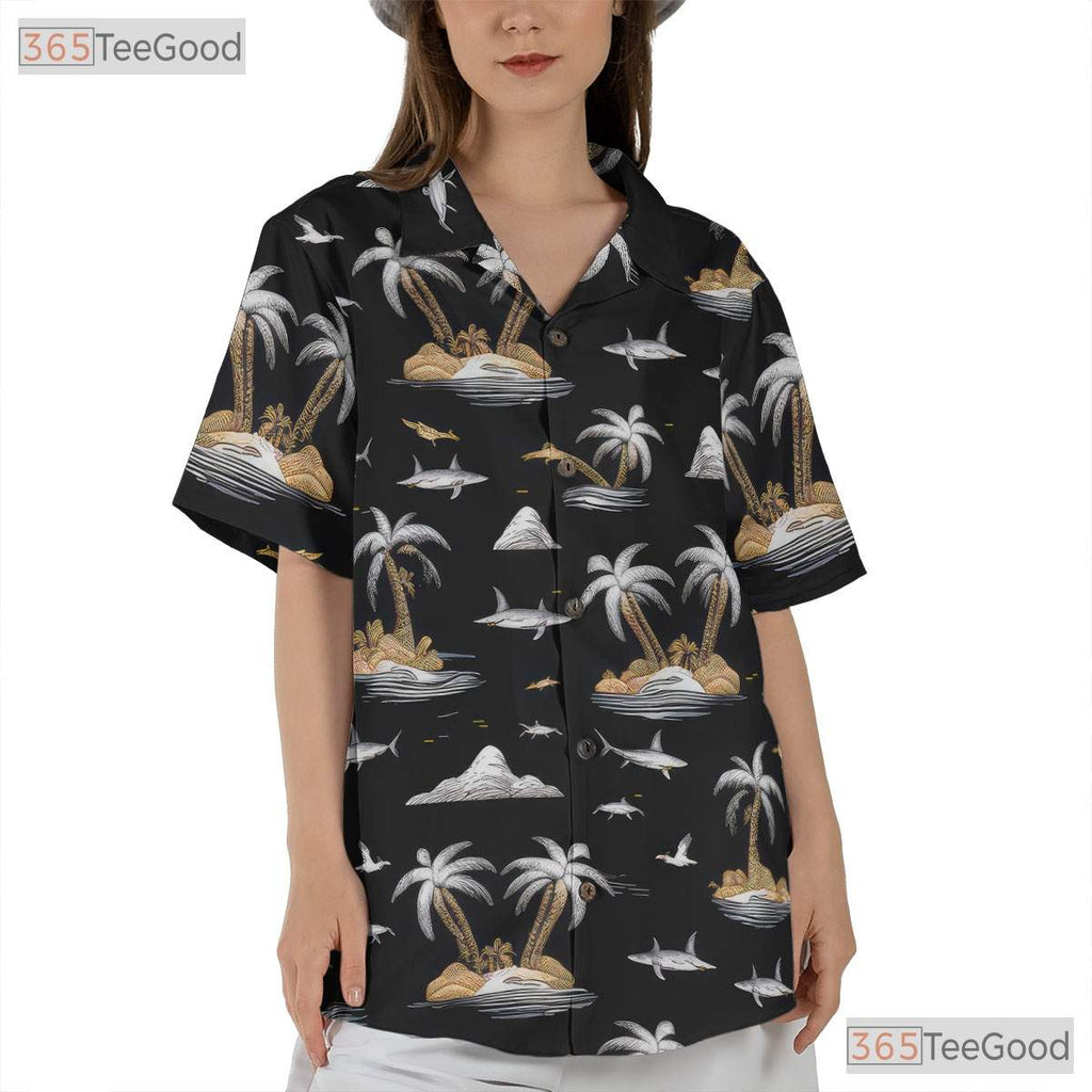 Shark and Island Hawaiian Shirt - Unique Adult Summer Aloha Tee