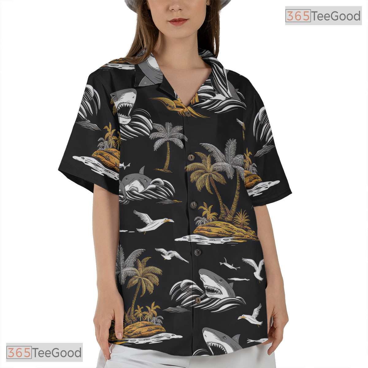 Dark Botanical Jungle Hawaiian Tee - Tropical Palm Leaves Island Wear Women
