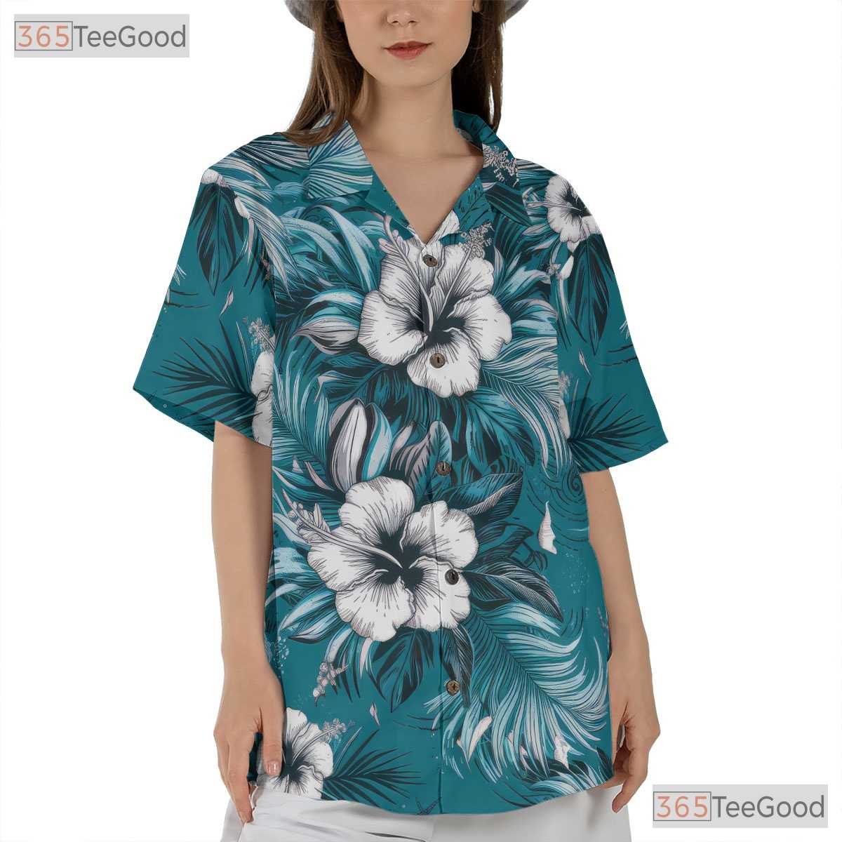 Turquoise Hibiscus Palm Hawaiian Shirt - Adult Vacation Aloha Tee