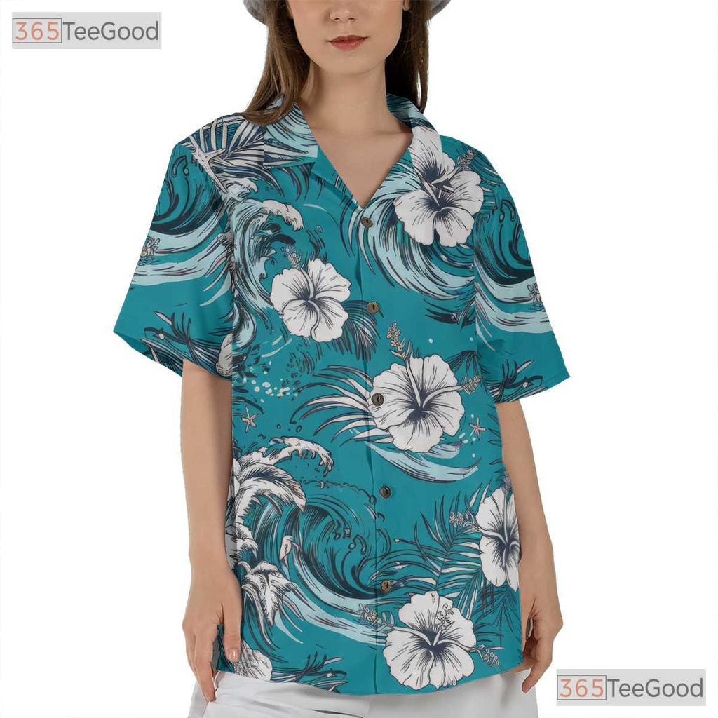 Hibiscus Leaf Print Hawaiian Shirt - Unisex Turquoise Aloha Tee