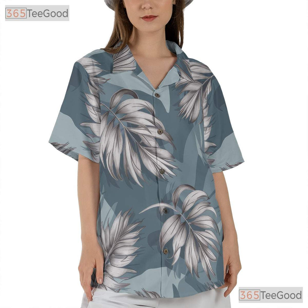 Blue Palm Leaf Print Hawaiian Shirt - Women's Tropical Vacation Tee