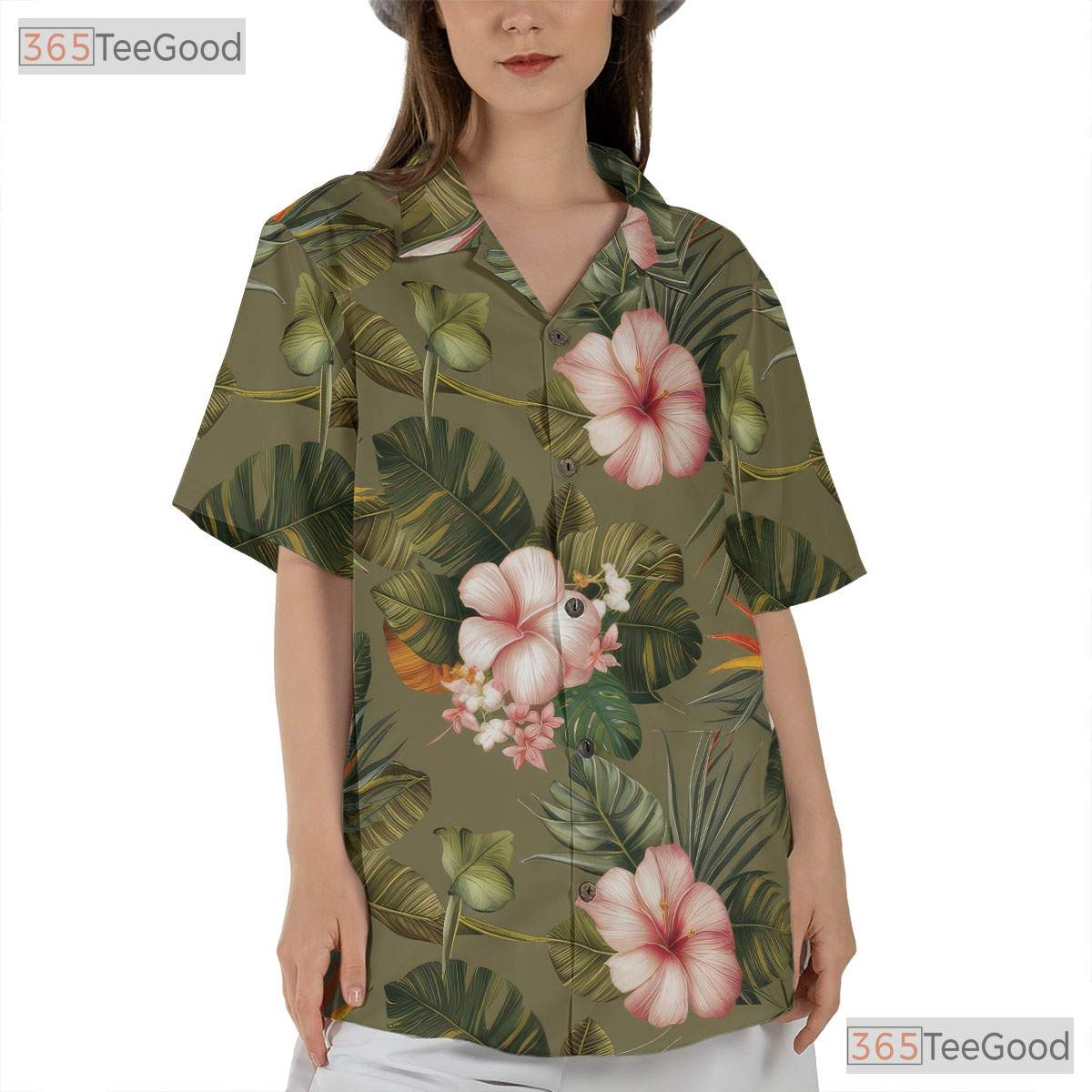 Olive Green Floral Hawaiian Shirt - Unisex Tropical Aloha Wear