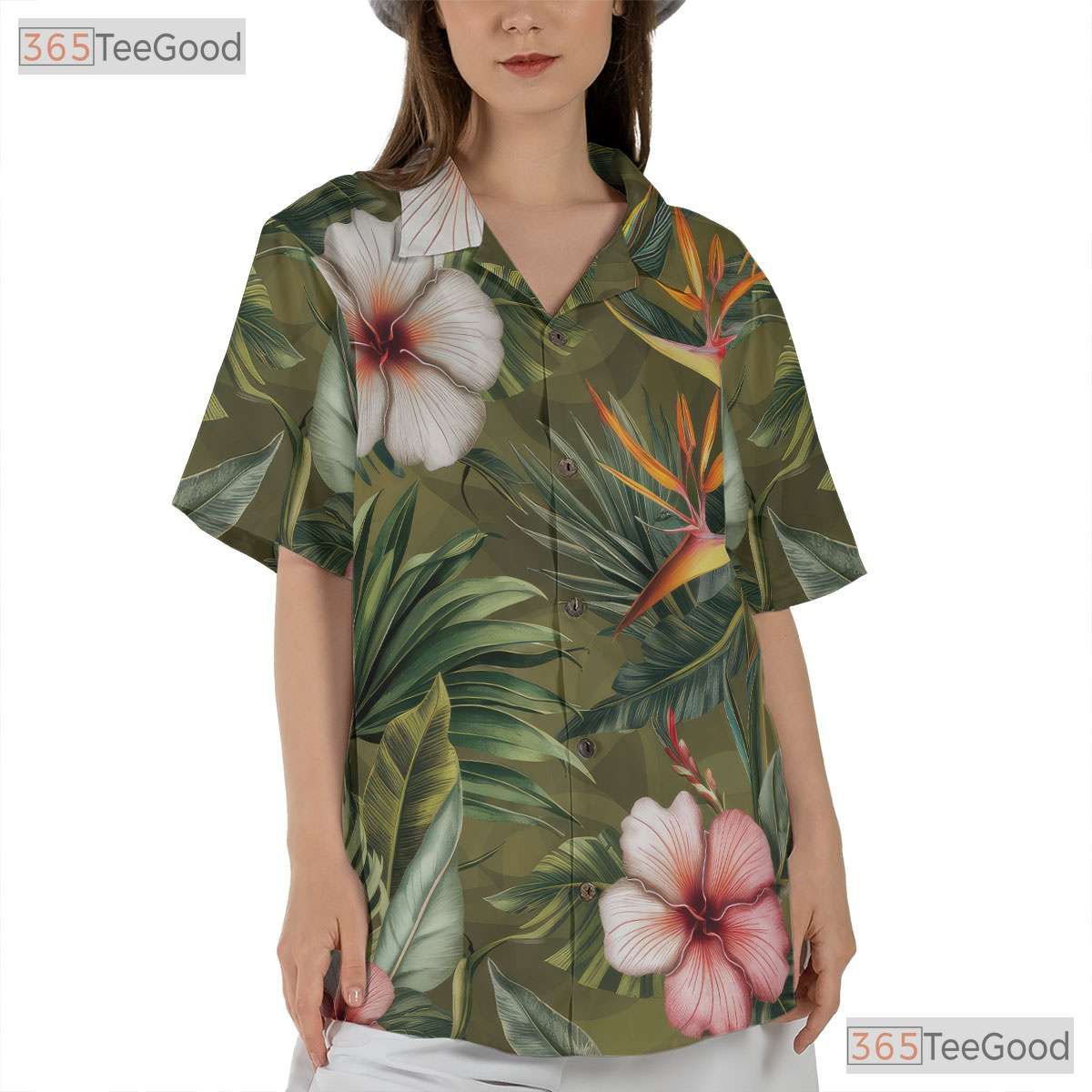 Olive Green Palm Hibiscus Hawaiian Shirt - Men's Beach Party Tee