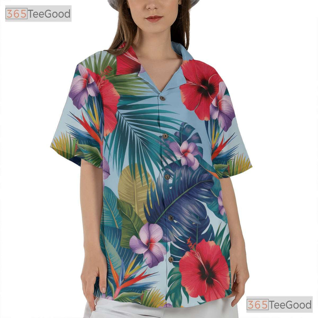 Red Hibiscus Blue Palm Hawaiian Shirt - Adult Tropical Beachwear